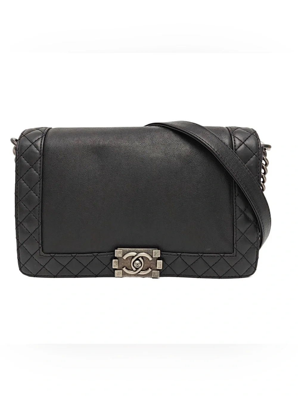 CHANEL Black Quilted & Smooth Leather Shoulder Bag with Silver-Tone CC Lock